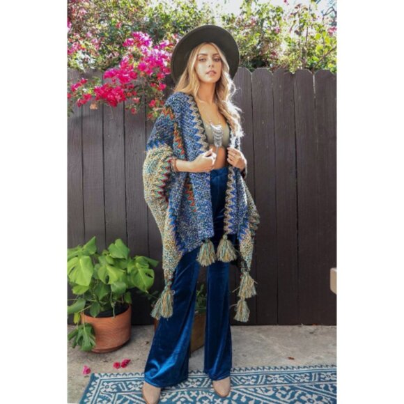 Colorful Crochet Patterned Ruana Cobalt - Picture 1 of 3